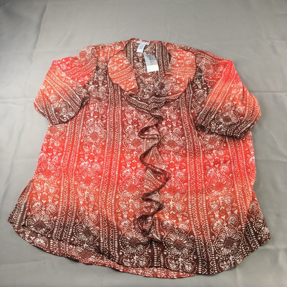 Catherines Womens Shirt 14 Orange Brown Tunic Beach 3/4 Sleeves See through 1470